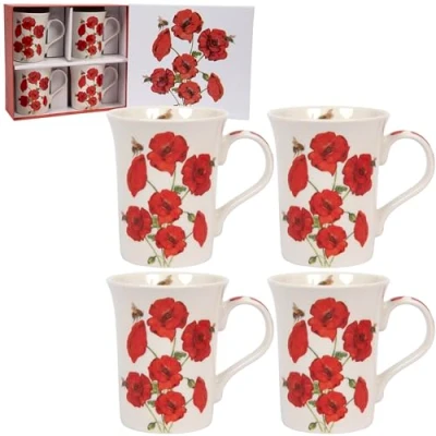 Image of Lesser &amp; Pavey Bee Tanical Set of 4 Ceramic Mugs Daffodils, Poppy or Thistles Floral Design (Poppy)