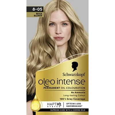 Image of Schwarzkopf Oleo Intense Permanent Oil Colour 8 05 Beige Blonde Hair Dye, Perfect Grey Coverage, Conditioner with HaptIQ System, Long Lasting Colour, Ammonia Free Dye
