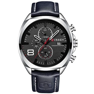 Image of Mens Leather Strap Watches Classic Casual Dress Silver Stainless Steel Waterproof Chronograph Date Analog Quartz Watch (Silver/Black), Silver/Black, sports