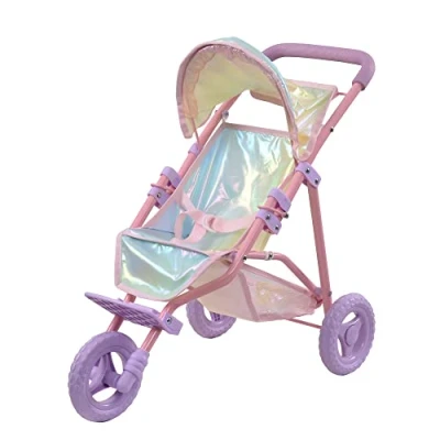 Image of Olivia&#039;s Little World Doll Jogging Style Pram with Canopy, Storage Underneath, Iridescent and Pink Purple