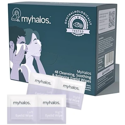 Image of MyHalos 48 Hydrating Eye Wipes For Dry Eyes &amp; Computer Vision Syndrome Soothing Tea Tree Eyelid Blepharitis Gentle Formula