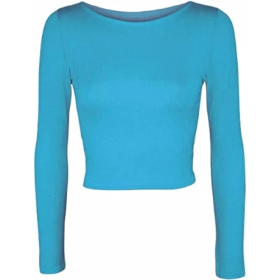 Image of Womens Crop Long Sleeve T Shirt Ladies Short Plain Round Neck Top Fitness Workout Running Shirts Cropped Tops (Turquoise UK 12 14)