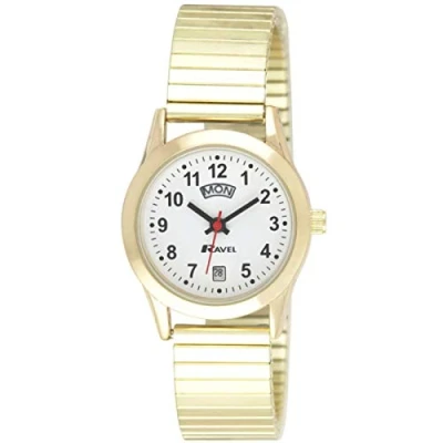 Image of Ravel Women&#039;s Classic Day Date Calendar Watch on Expander Bracelet Gold Tone