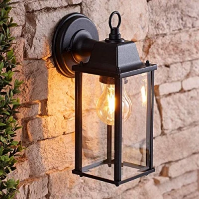 Image of CGC Lighting Bevelled Glass Coach Lantern Wall Light Porch Indoor Outdoor Garden Decorative Lamp Fixture (Black)