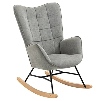 Image of MEUBLE COSY Rocking Chair for Nursery Relaxing Nursing Armchair with High Backrest Adults Mum Feeding Reading Glider Fabric Metal Legs Wood Base, Living Rooms, Bedrooms, Balcony, Grey