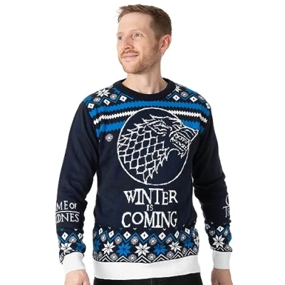 Image of Game of Thrones Adults Christmas Jumper Mens Ladies Festive Blue Knitted Sweater Winter Season is Coming Stark Direwolf Presents for Him Her