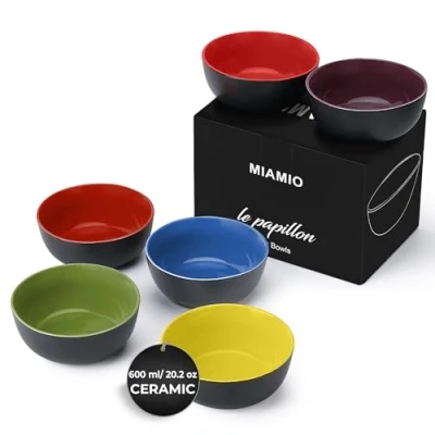 Image of MIAMIO 6 x 600 ml Stoneware Bowl Set Outside Black Inside Colourful Le Papillon Collection (Red)