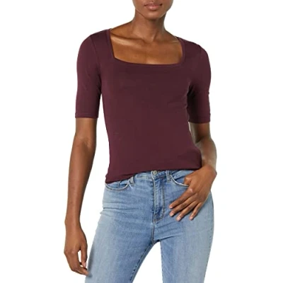 Image of Amazon Essentials Women&#039;s Slim Fit Half Sleeve Square Neck T Shirt, Burgundy, S