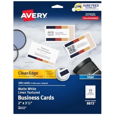 Image of Avery Printable Business Cards, Inkjet Printers, 200 2 x 3.5, Clean Edge, Heavyweight, Linen Textured (8873),White