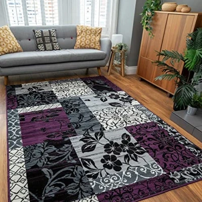 Image of Modern Floral Patchwork Grey Durable Living Room Area Rug Stain Resistant Purple Oriental Classic Bedroom Entrance Carpet Mat Rugs 80cm x 150cm