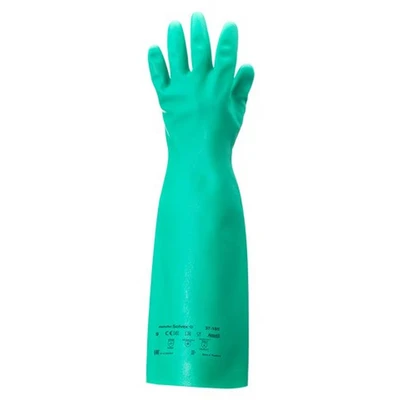 Image of Ansell AlphaTec 37 185 Chemical Resistant Nitrile Gloves, Liquid and Splash Protection, Food Handling, Silicone Latex Free Work Glove, Waterproof, Reusable, Green, Size 2XL (1 Pair)