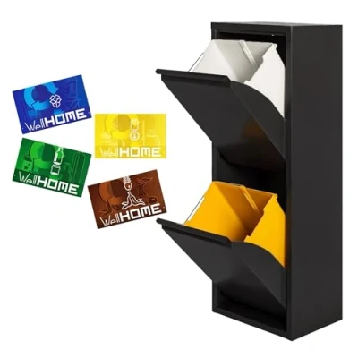 Image of WELL HOME MOBILIARIO &amp; DECORACIÓN 2 x 17L (34L) Matt Black Metal Bin with Compartments + 4 Magnetic Labels