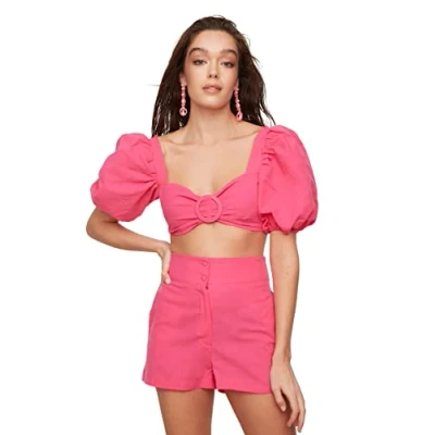 Image of Trendyol Women Plain Buckle Detailed Woven Two Piece Set Pink