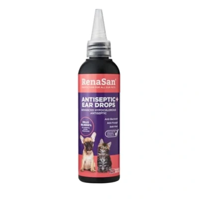Image of RenaSan Animal Antiseptic Ear Drops (100ml) Fights Infection, Kills bacteria, Stops Odours, Scratching &amp; Discomfort, Anti fungal (Yeast), Veterinary grade, for Dogs, Cats all other animals
