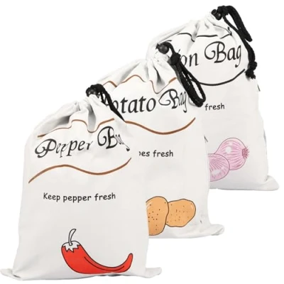 Image of Potato Onion Storage Bag with Blackout Lining Cotton Drawstring Bags Side Zipper 35x26m Reusable Vegetable Sacks Keeper for Garlic Pepper(3pcs)