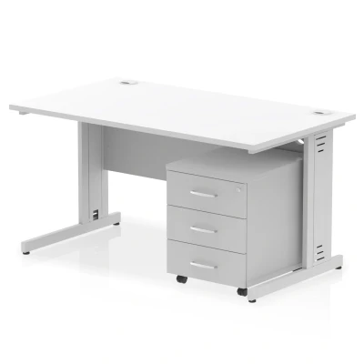 Image of Impulse 1400x800 Desk White Top Silver Cable Managed Leg + Mobile Ped