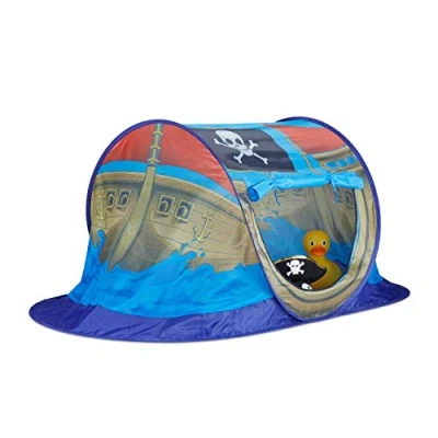 Image of Relaxdays Pirate Play Tent for Boys, Pop Up Playhouse Indoor &amp; Outdoor Use, HxWxD 68x170x85cm, Blue