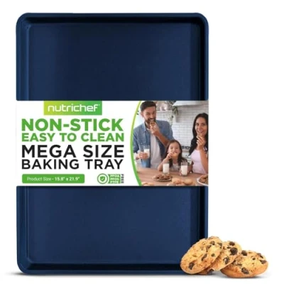 Image of NutriChef Nonstick Cookie Sheet Baking Pan 1qt Metal Oven Tray, Professional Kitchen Cooking Non Stick Bake Trays, Stylish Blue Diamond Silicone Coating, PFOA PFOS PTFE Free
