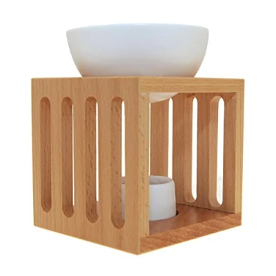 Image of Sensoli Cube Oil Burner Solid Wood with White Ceramic Bowl and Tealight Candle Holder