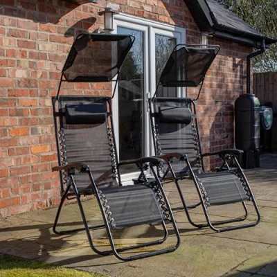 Image of Set of 2 Multi Position Garden Gravity Relaxer Chair Sun Lounger with Canopy in Black
