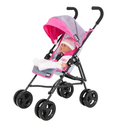 Image of Mamas &amp; Papas Junior Cruise Stroller Childrens Pram In Grey Pink Baby Doll Toy Umbrella Fold Role Play Dolls Buggy Pushchair Ages 3+