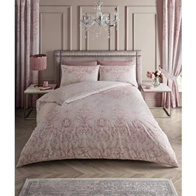 Image of Premium Jacquard Damask Duvet Cover Single, Reversible Polycotton Bedding Sets, Flower Bed Pink