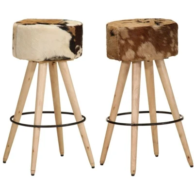 Image of vidaXL Bar Stools 2 pcs Brown Rough Mango Wood and Real Leather