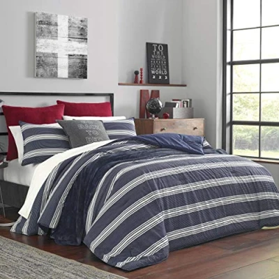 Image of Nautica Home Craver Collection 100% Cotton Cozy &amp; Soft, Durable Breathable Striped Duvet Cover with Matching Shams, 3 Piece Bedding Set, King, Navy