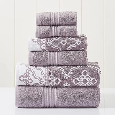 Image of Modern Threads 6 Piece Set, 2 Bath Towels, Hand Washcloths Yarn Dyed Jacquard/Solid Towel Set Charlize Orchid