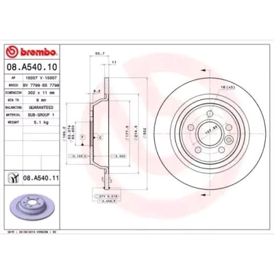 Image of 1445210 Brake disc BREMBO 08.A540.10 302mm 11mm 5 solid FORD: Focus 2, S Max Mk1, MONDEO 4, LAND ROVER: Range Rover Evoque