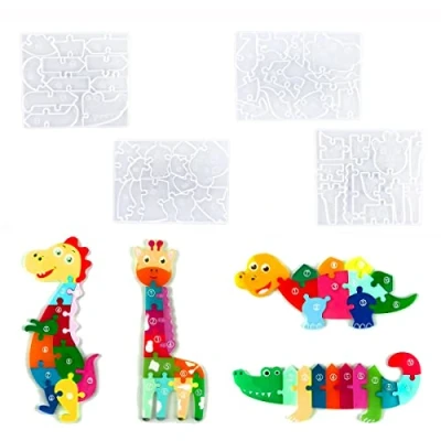 Image of Xidmold 4 Pcs Puzzle Dinosaur Resin Mould Epoxy Mold, Silicone Casting Moulds Crystal Jewelry Pendant Making Mold for Baby Shower Boy Birthday Handmade Gift Craft DIY