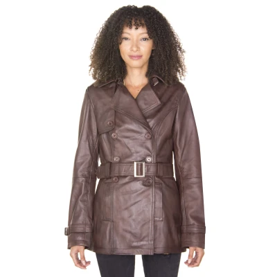 Image of Ladies Leather Trench Coat Tan Mid Length Classic Jacket 4XL