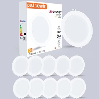 Image of paul russells LED Ceiling Downlights, 20W Slim Recessed Bathroom Kitchen Ceilings, 2150 Lumens, 6500K Bright Daylight, Cutout 170 180mm, Round Non Dimmable Panel Spotlights, 10 Packs