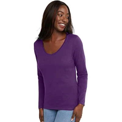 Image of Hanes Women&#039;s Originals Long Sleeve Cotton T Shirt, Lightweight V Neck Tee, Modern Fit, Violet Splendor, XL