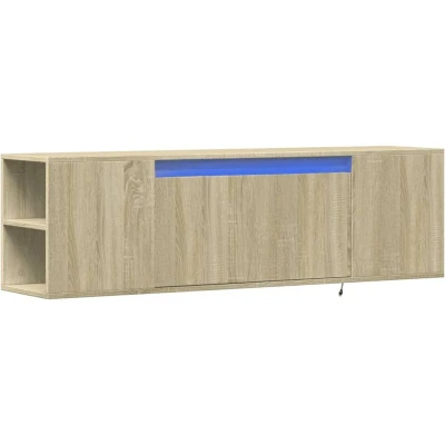 Image of vidaXL Sonoma Oak TV Wall Cabinet/Floating Unit with RGB LED Lights 135x31x39.5 cm Engineered Wood Modern Cabinet Mounted Stand 2 Drawers Space Saving Entertainment Center