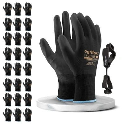 Image of 24 pairs PU coated work gloves Gardening Mechanic and FUZZIO clip glove holder (XL 10, Black)