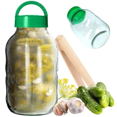 Image of KADAX Preserving Jar with Wooden Tongs, Glass Plastic Lid and Handle for Sauerkraut, Airtight Wide Mouth Opening Pickling (3 L)