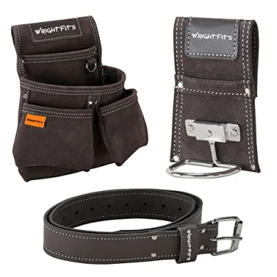 Image of WrightFits Leather Tool Belt Pouch with Multi Pockets Hammer Loop Drill Holster Work Organiser &amp; Storage Adjustable Waist For Carpenters, Gardeners, Builders, Electricians