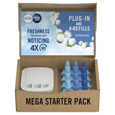 Image of Febreze Ambi Pur 3Volution Air Freshener Plug In Diffuser Refill Starter Kit, Odour Eliminator, Cotton Fresh, 80 ml, (20 x 4)