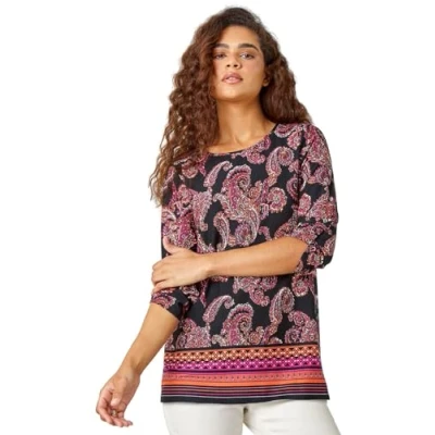 Image of Roman Originals Paisley Border Print Tunic Stretch Top for Women UK Ladies Everyday Autumn Winter Round Neckline Comfy Soft Evening Vacation Work Party Night Out Red Size 12