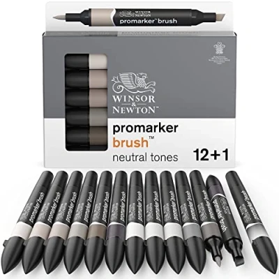 Image of Winsor &amp; Newton, Promarker Brush, Neutral Tones, Set of 12 + 1 Blender, Alcohol Based Dual Tip Markers