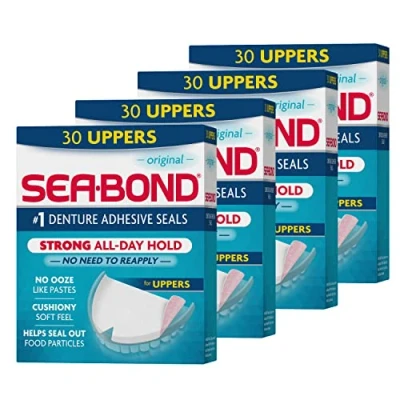 Image of Sea Bond Secure Denture Adhesive Seals, Original Uppers, Zinc Free, All Day Hold, Mess 30 Count (Pack of 4)