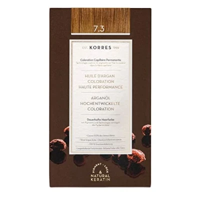 Image of KORRES Argan Oil Colorant Amonia Free Hair Colour Honey Blonde Gold 7.3 100% Grey Coverage &amp; Vegan for a Long Lasting Result