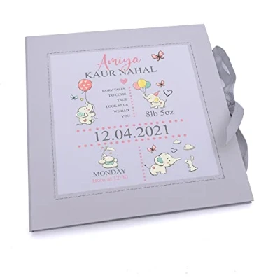 Image of ukgiftstoreonline Personalised Baby Girl My First Year Keepsake Record Book With Elephants