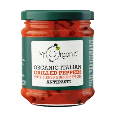 Image of Mr Organic Grilled Peppers Antipasti Authentic Mediterranean Flavours Vegan Friendly Smoky and Savoury Taste Perfect for Antipasto Platters 190g Jar