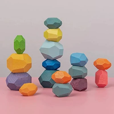 Image of XNFIVE Wooden Stacking Toy Stones Montessori for Toddlers,Wood Building Blocks Set, 16 PCS Colored Children Rocks Ducational Puzzle Game Kids