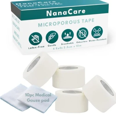 Image of NanaCare Micropore Surgical Tape 2.5cm x 10m (4 Rolls) + 10pc Gauze Swab Microporous Medical for Skin, Dressings and Face First Aid Suitable Sensitive Skin
