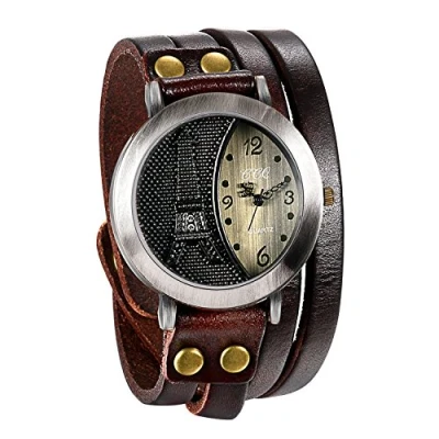Image of JewelryWe Women Mens Vintage Style Eiffel Tower Pattern Wrist Watch Multilayer Wrap Bracelet Quartz Wristwatch Brown