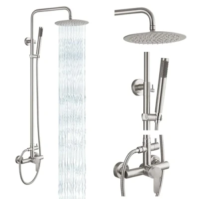 Image of gotonovo Outdoor Shower Faucet SUS304 Fixture System Combo Set Rainfall Head Single Handle High Pressure Hand Spray Wall Mount 2 Function Brushed Nickel 8 inch Kit