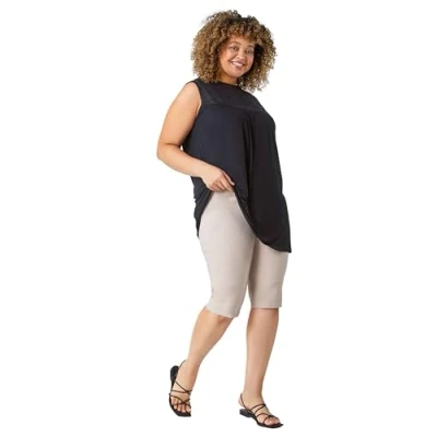 Image of Roman Curve Womens Knee Length Elastic Waist Stretch Shorts Beige Size UK 30 32